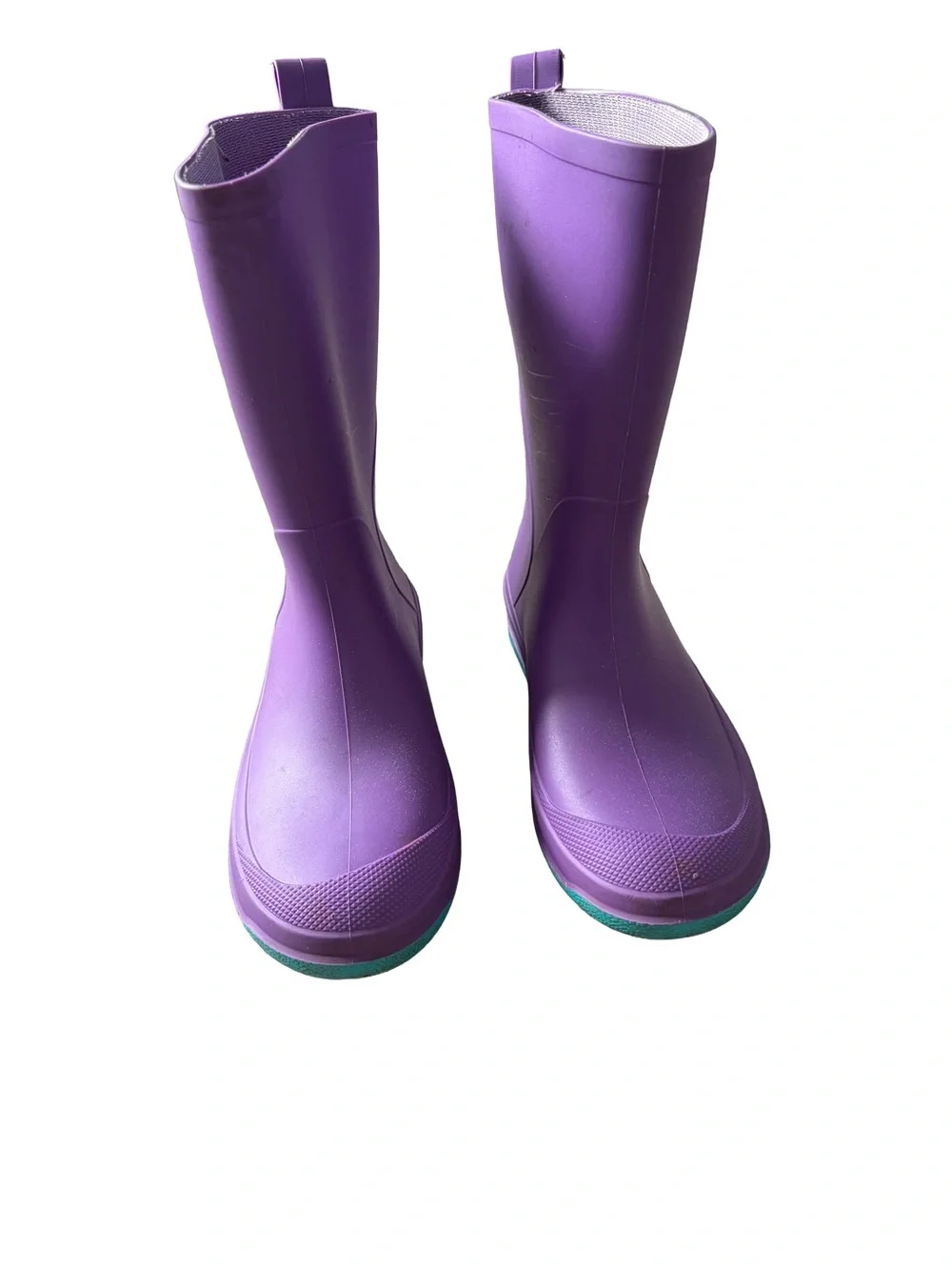 Size 2 Cat & Jack Tall Andy Slip On Purple Rain Boots with Teal Soles